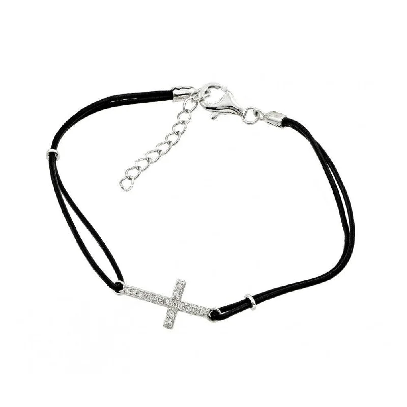 Silver 925 Rhodium Plated Sideways Cross CZ Black Leather Cord Bracelet - BGB00152RHD