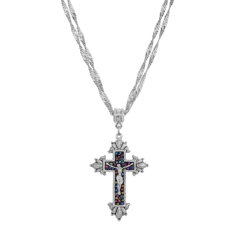 Symbols Of Faith Glass Purple Seeded Bead Cross Pendant Necklace 16" + 3" Extender