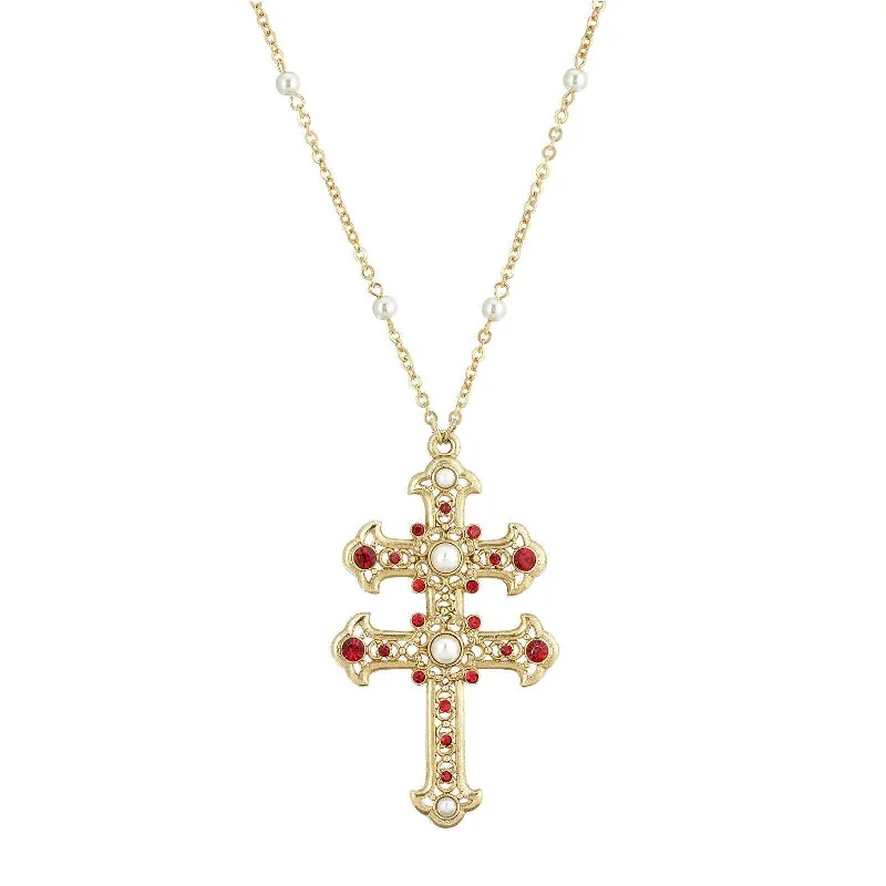 Symbols Of Faith Crystal and Faux Pearl Double Cross 30 Pendant Necklace