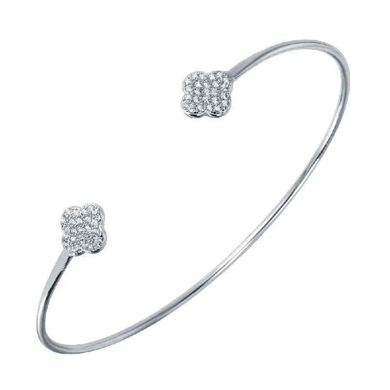 Silver 925 Rhodium Plated CZ Clover Shaped Cuff Bracelet - BGB00238