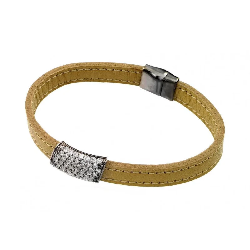 Silver 925 Rhodium Plated Clear CZ Inlay Yellow Leather Bracelet - ECB002BLK