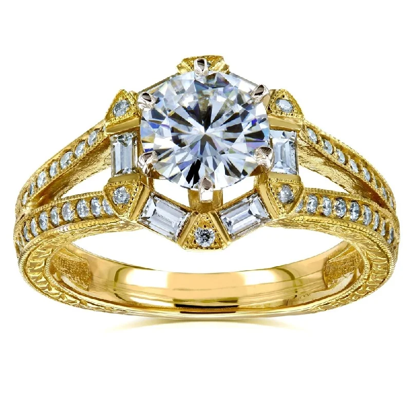 Annello by Kobelli 14k Yellow Gold 1 1/2ct TGW Round-cut Moissanite and Diamond Art Deco Split Shank Engagement Ring