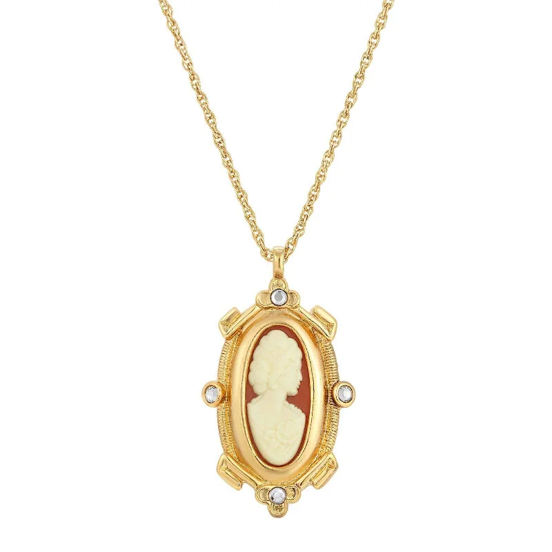 1928 Jewelry Oval Carnelian Cameo And Crystal Pendant Necklace 18"