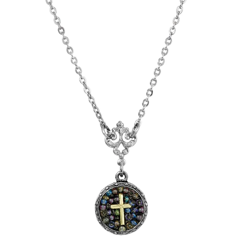 Symbols Of Faith Purple Seeded Beads Cross Round Pendant Necklace 16" + 3" Extender