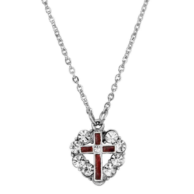 Symbols Of Faith Pewter Blue Enamel Cross Crystal Heart Pendant Necklace 16" + 3" Extender