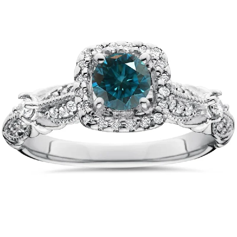 1 1/2ct Blue Diamond Cushion Halo Engagement Ring White Gold Lab Grown