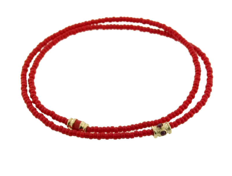 Double Wrap Beaded Bracelet with Ruby Barrel and Enameled Barrel