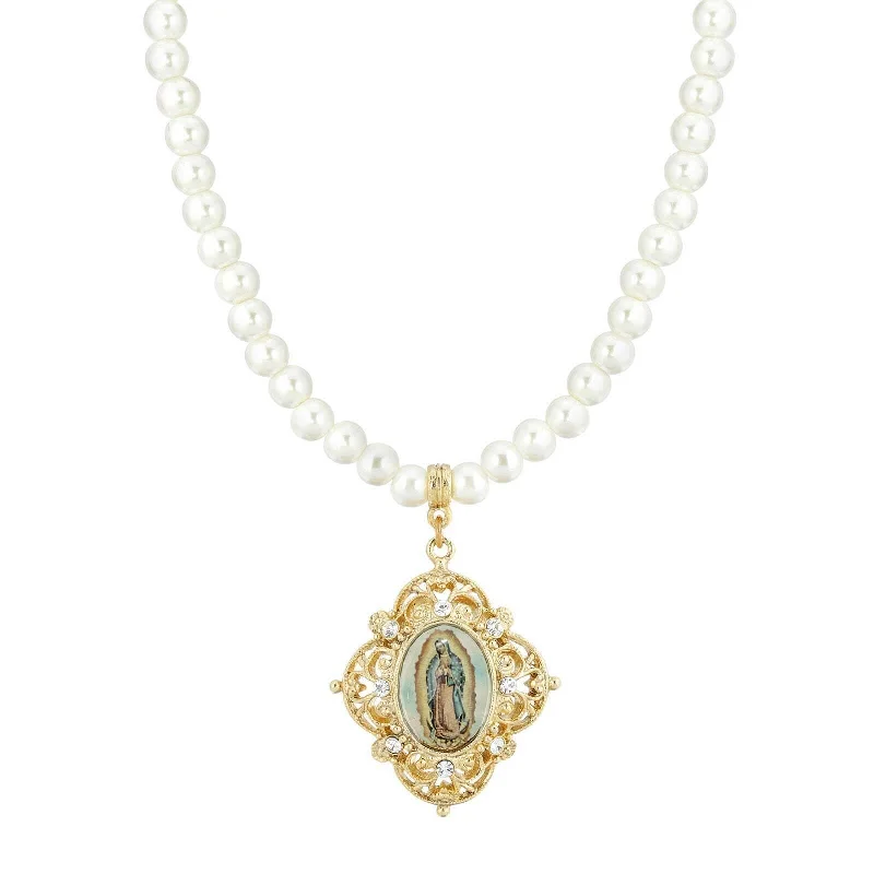 Symbols Of Faith White 6mm Faux Pearl Strand Virgen De Guadalupe Pendant Necklace 15" + 3" Extender