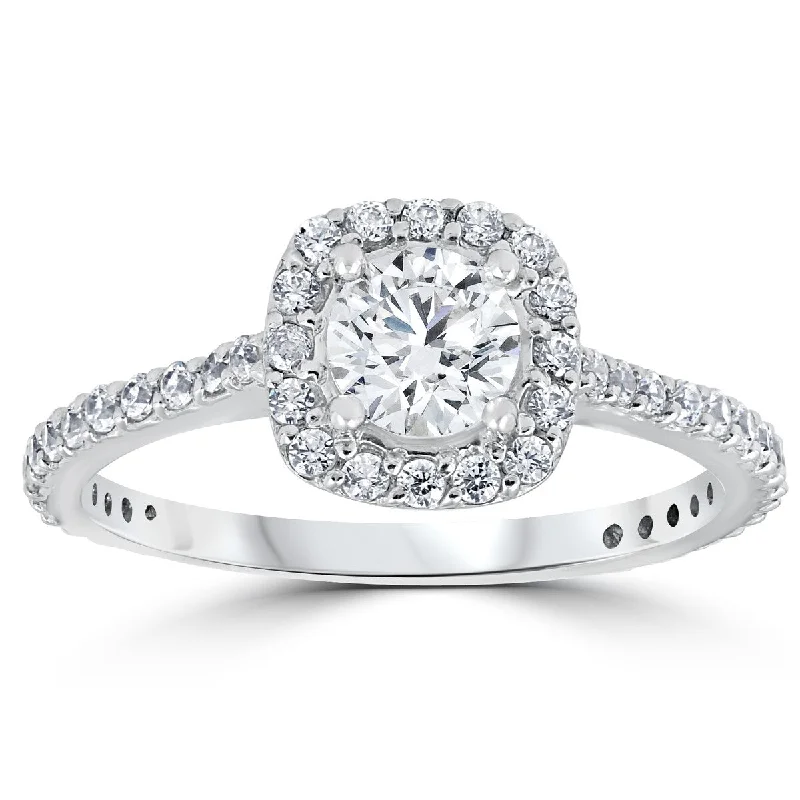 1 1/5ct TDW Cushion Halo Round Diamond Engagement Ring 14k White Gold Solitaire