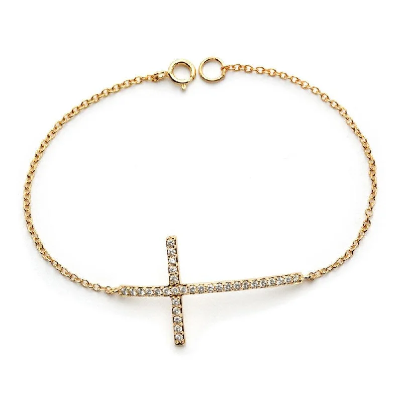 Silver 925 Gold Plated Sideways Cross Clear CZ Inlay Bracelet - BGB00148