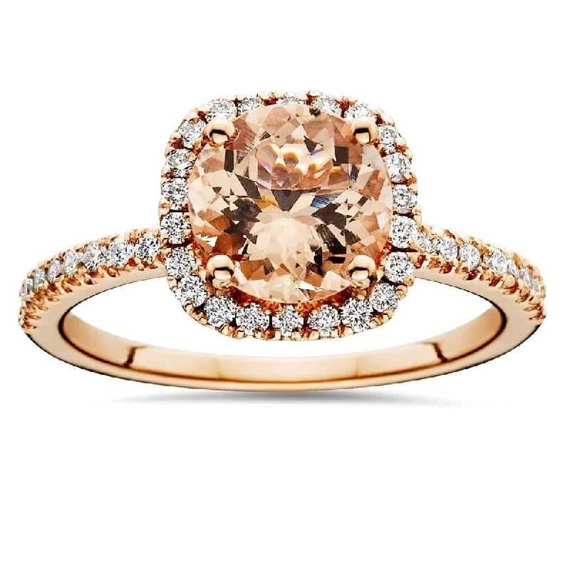 1 1/4 CT Morganite & Diamond Cushion Halo Engagement Ring 14K Rose Gold