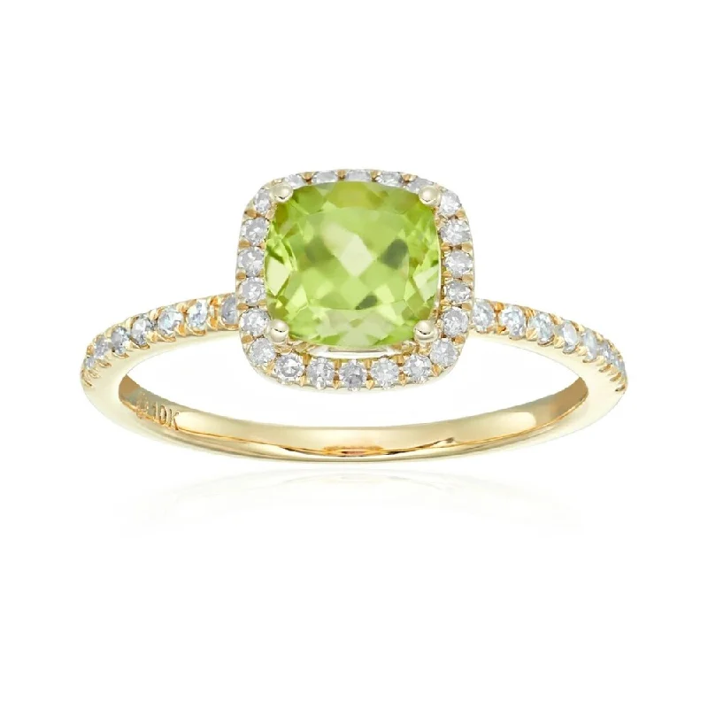 10k Yellow Gold Peridot and Diamond Cushion Engagement Ring