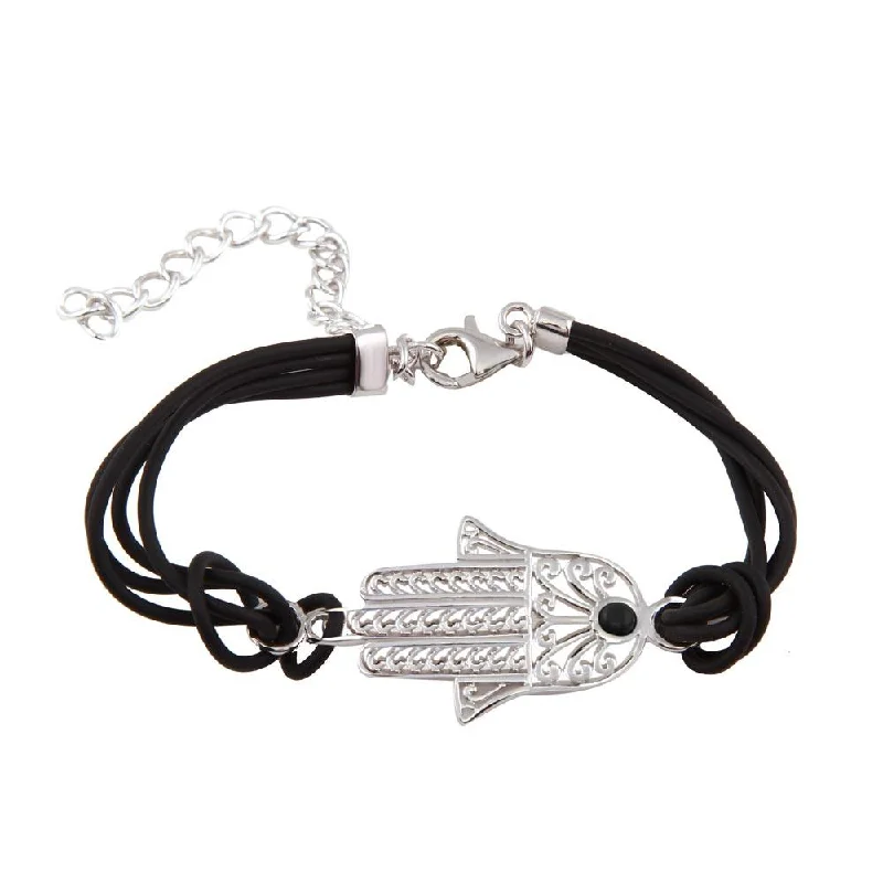 Silver 925 Rhodium Plated Filigree Hamsa Black Cord Bracelet - STB00357