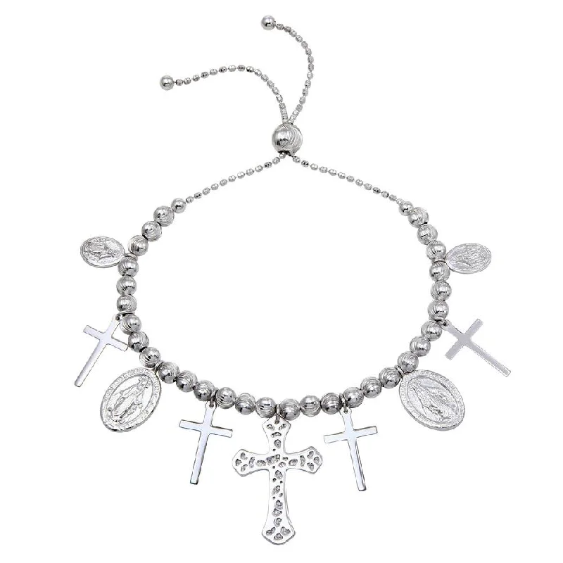 Rhodium Plated 925 Sterling Silver Cross and Medallion Charm Bracelet - DIB00055RH