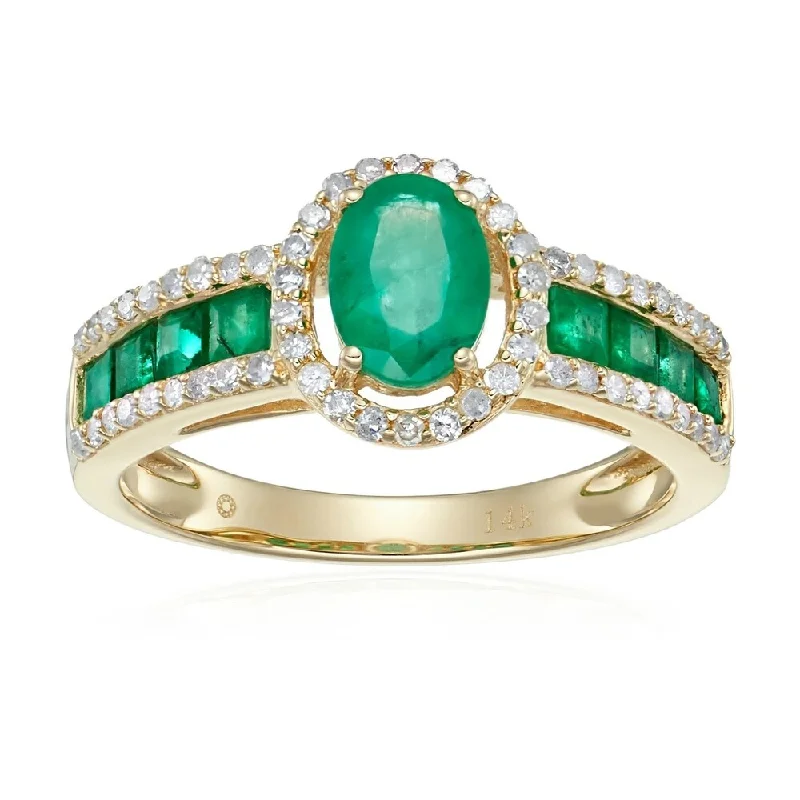 14k Yellow Gold Emerald and Diamond Halo Engagement Ring, Size 7