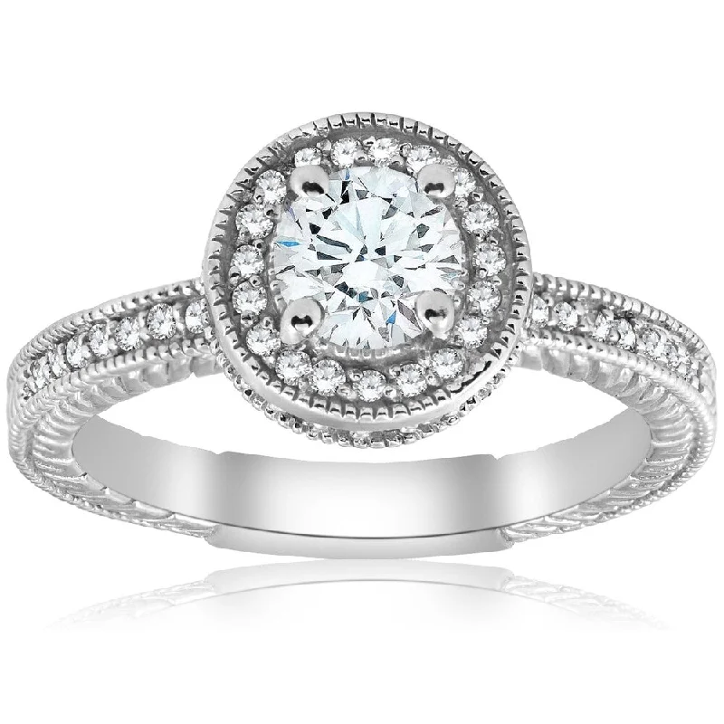 Pompeii3 14K White Gold 1 ct TDW Diamond Clarity Enhanced Halo Vintage Antique Engagement Ring