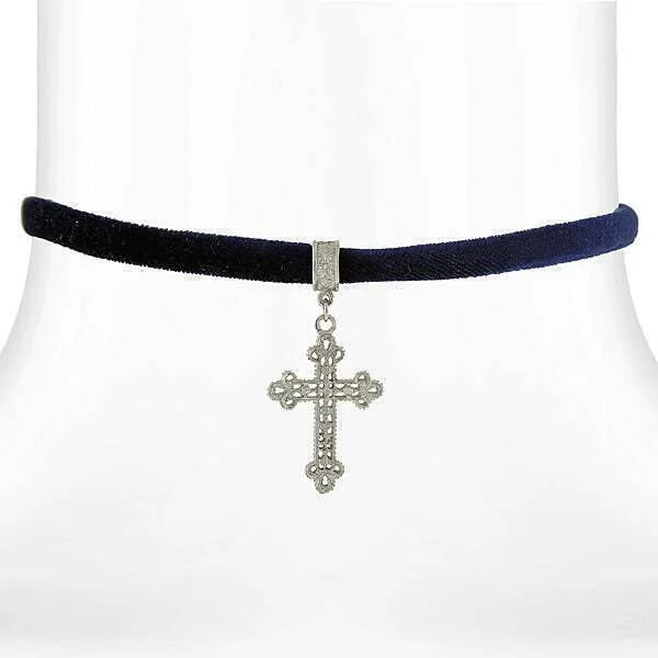 Symbols Of Faith Filigree Cross Pendant Necklace On Black Velvet Ribbon 12" + 5" Extender