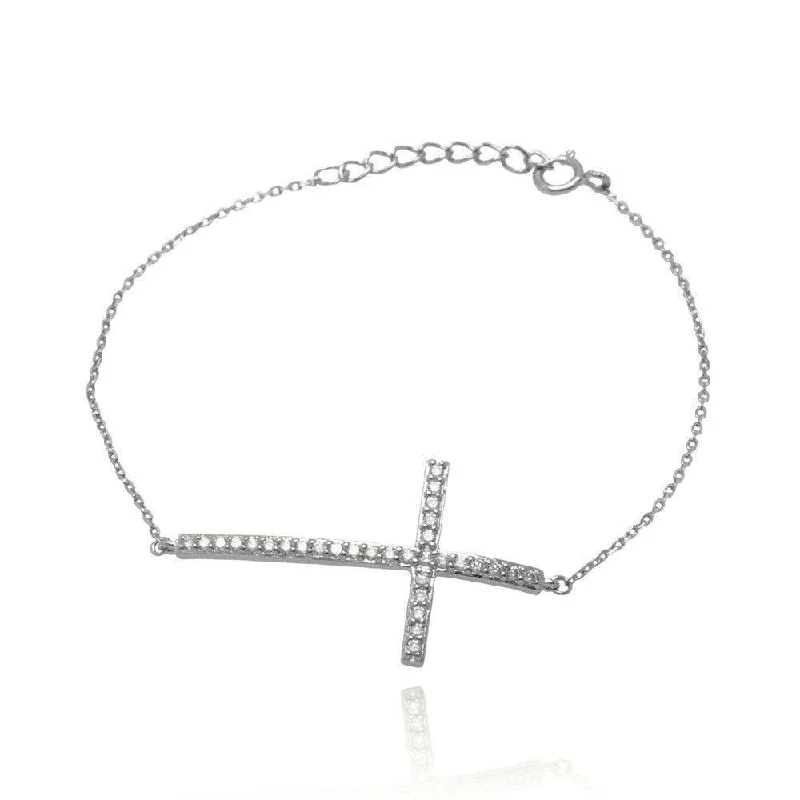 Silver 925 Rhodium Plated Sideways Cross CZ Bracelet - BGB00125