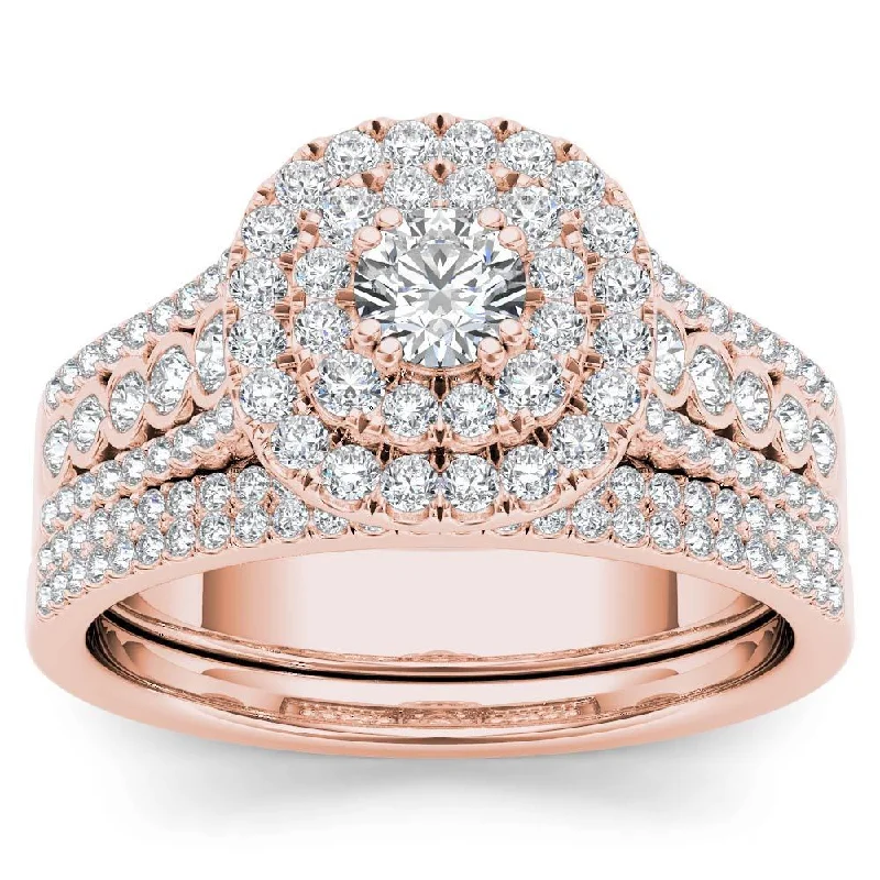 De Couer IGI Certified 10k Rose Gold 1ct TDW Diamond Double Halo Engagement Ring Set with One Band