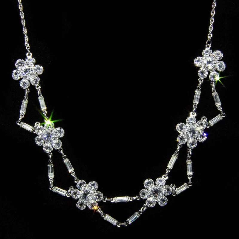 1928 Jewelry Vintage Austrian Crystal Flower Baguette Necklace 15"