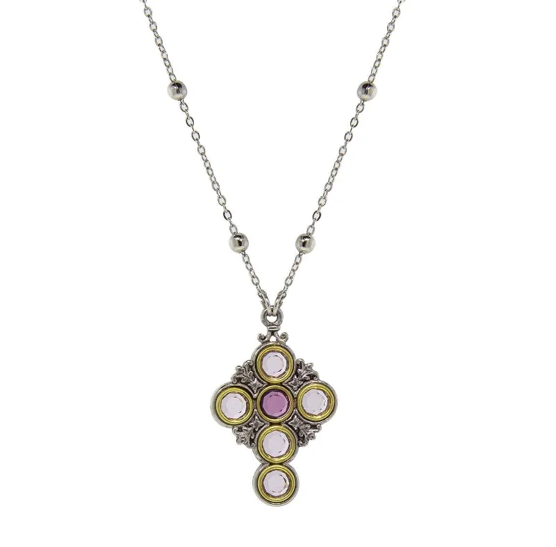 Symbols Of Faith Pewter Cross Chain Light & Dk Purple Round Crystals Pendant Necklace 16" + 3" Extender