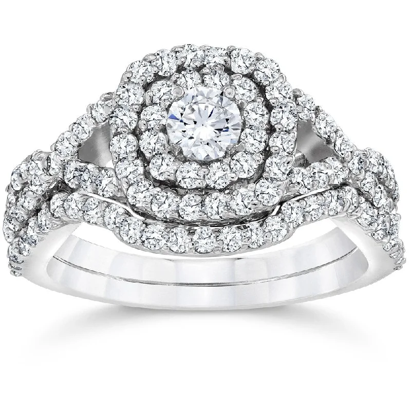 Pompeii3 10k White Gold 1 1/10 ct TDW Cushion Halo Diamond Engagement Ring Set (I-J,I2-I3)