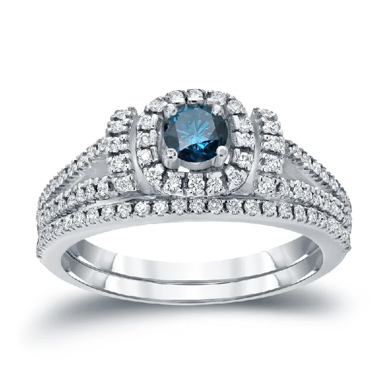 Auriya Modern 3/4ctw Round Halo Blue Diamond Engagement Ring Set 14kt Gold