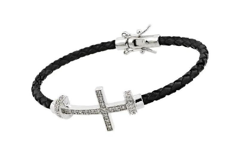 Silver 925 Rhodium Plated Sideways Cross CZ Black Rope Bracelet - BGB00175