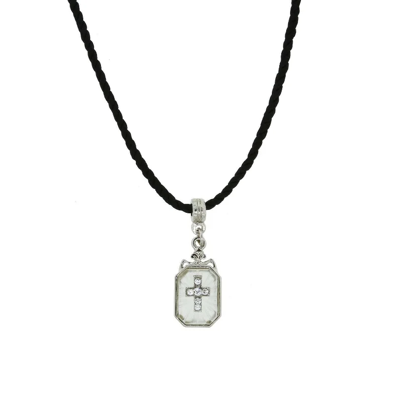 Symbols Of Faith Frosted Glass Crystal Cross Pendant Black Twist Rayon Cord Necklace 15" + 3" Extender