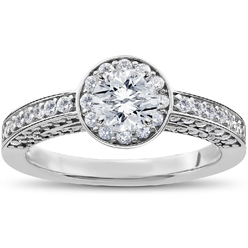 14k White Gold 1ct TDW Diamond Halo Vintage Heirloom Engagement Ring - White I-J - White I-J