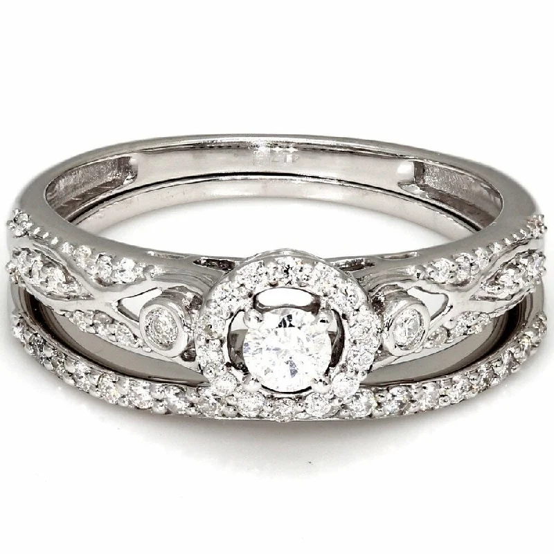 Pompeii3 10k White Gold 1/2 Ct TDW Vintage Diamond Halo Engagement Ring Matching Wedding Band Set