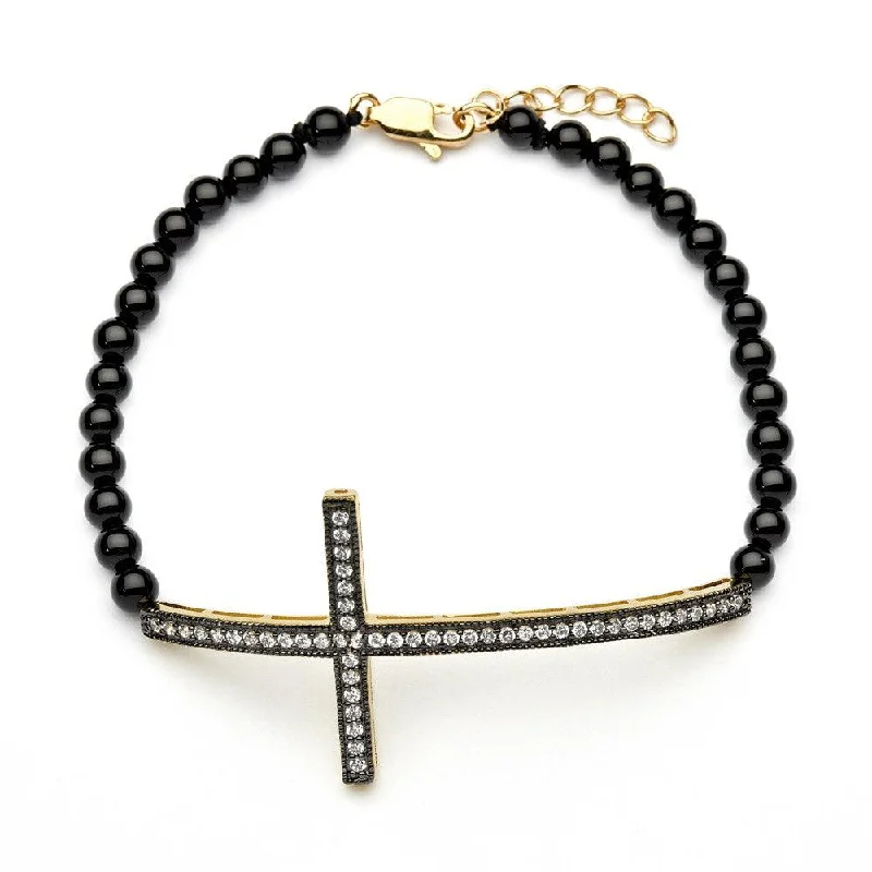 Silver 925 Gold Plated Sideways Cross CZ Black Amethyst Beads Bracelet - BGB00103