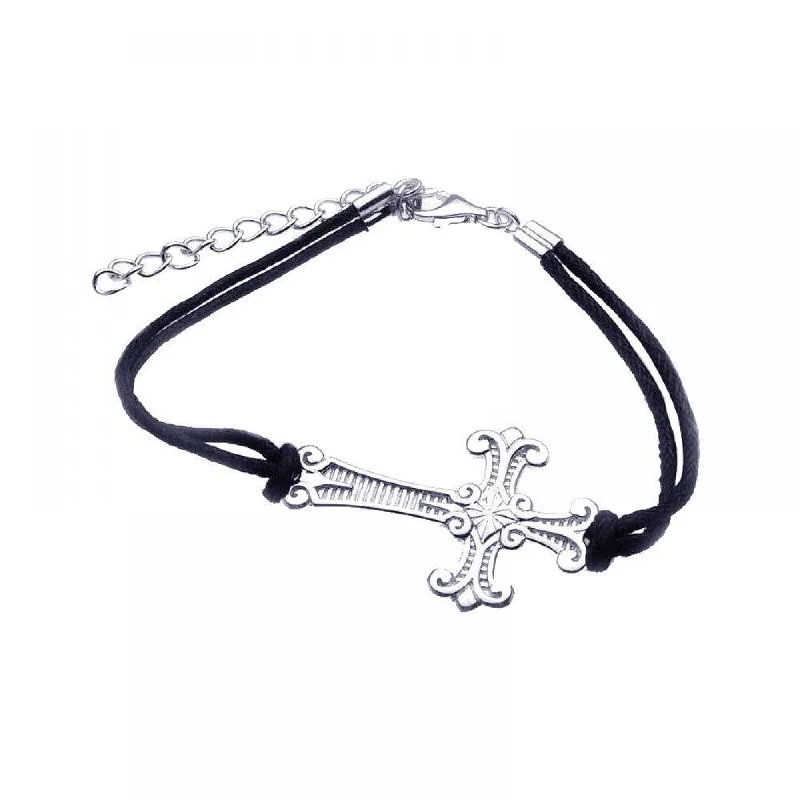 Silver 925 Rhodium Plated Cross Black Cord Bracelet - STB00351