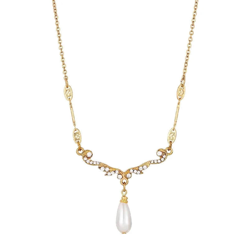 1928 Jewelry Belle Epoch Faux Pearl Teardrop Crystal Necklace 16" + 3" Extender