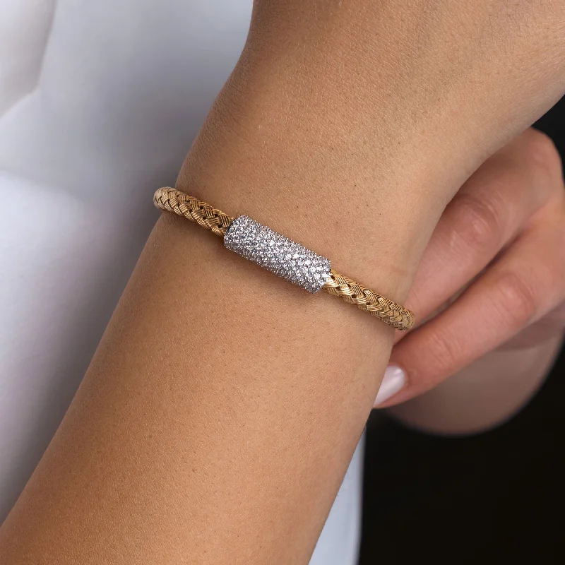 Silver 925 Rhodium and Gold Plated Clear CZ Bar Braided Italian Bracelet - ITB00090GP