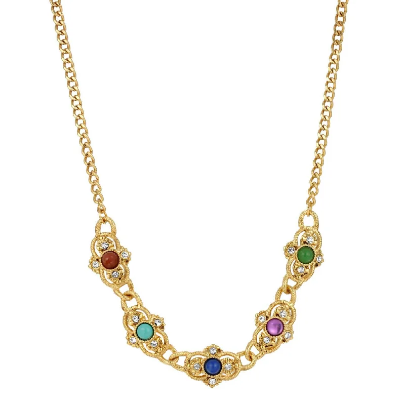 1928 Jewelry Prestige Textured Link Crystal Multi Color Stone Collar Necklace 15" + 3" Extender