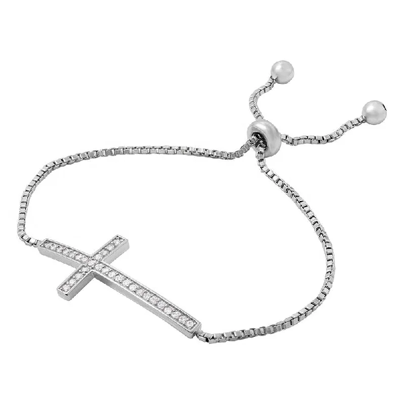 Silver 925 Rhodium Plated CZ Cross Box Chain Lariat Bracelet - BGB00273