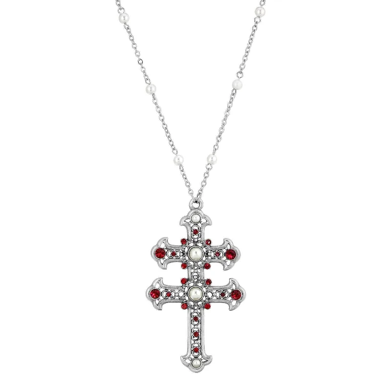 Symbols Of Faith Crystal and Faux Pearl Double Cross 30 Pendant Necklace