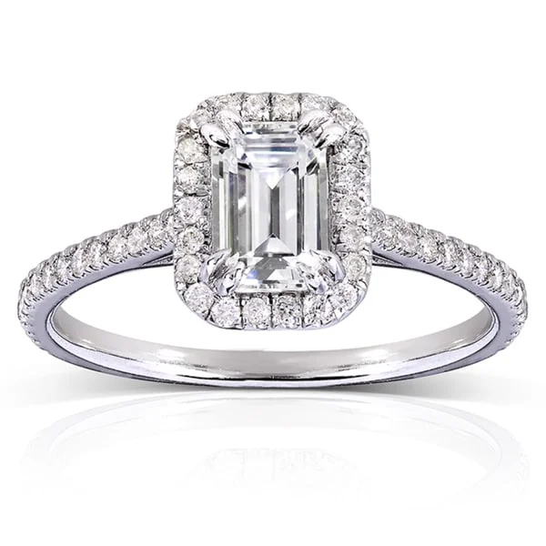 Annello by Kobelli 14k White Gold 1 1/3ct TGW Emerald-cut Moissanite and Diamond Halo Engagement Ring