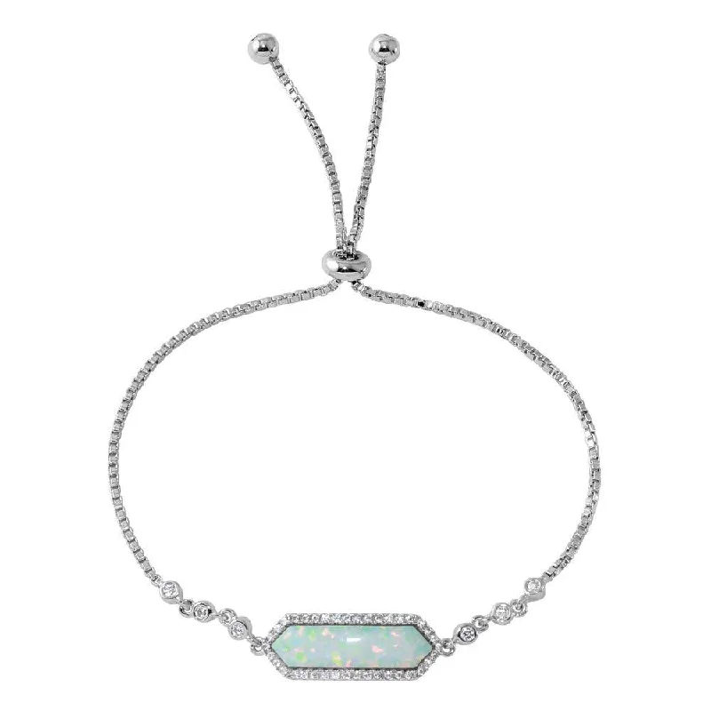 Rhodium Plated 925 Sterling Silver White Opal with CZ Lariat Bracelet - BGB00297