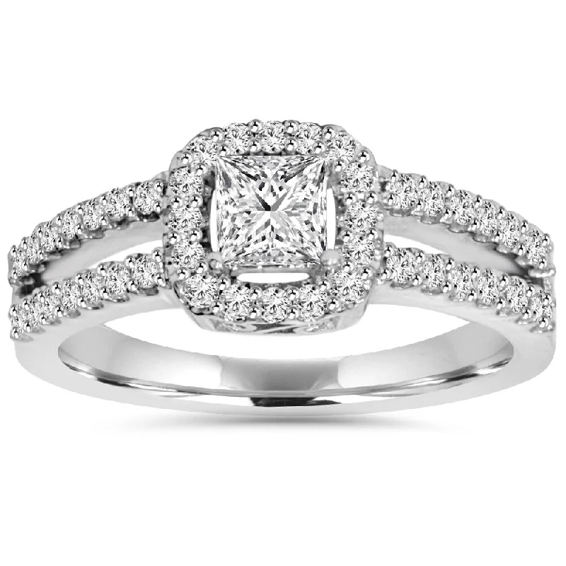 14k White Gold 1 ct TDW Princess-cut Diamond Halo Split Shank Engagement Ring