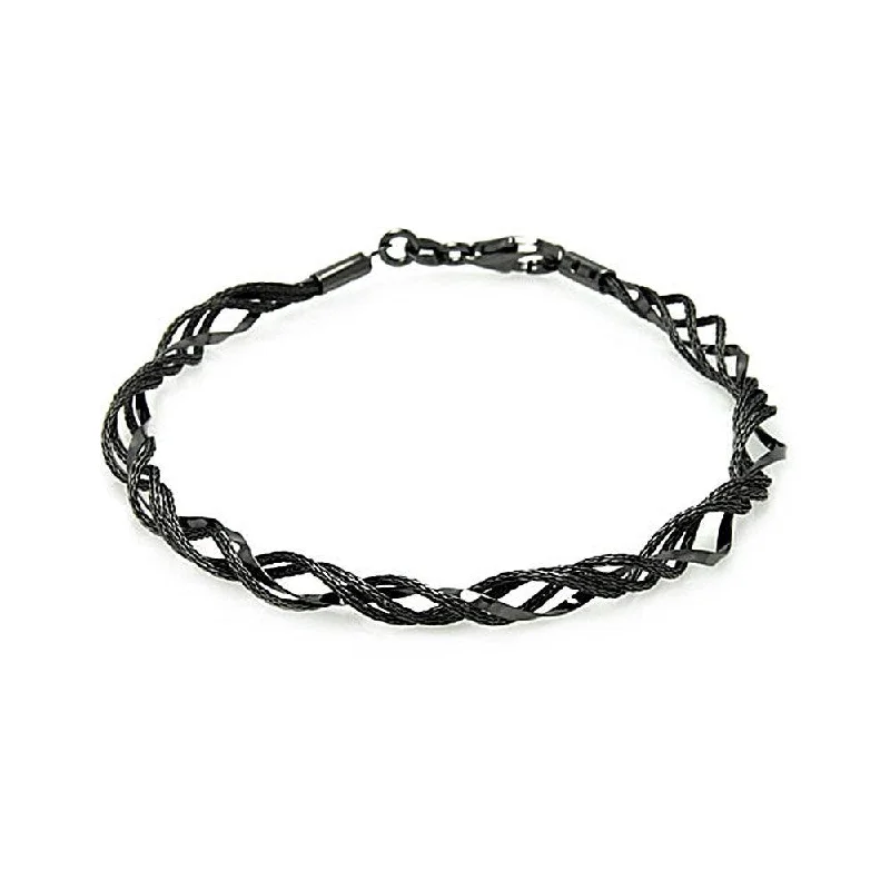 Silver 925 Black Rhodium Plated Beaded Twisted Italian Bracelet - ITB00020BLK