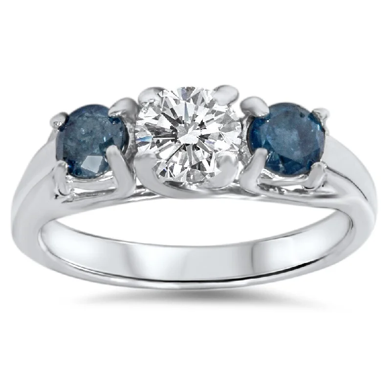 14k White Gold 1ct White and Blue Diamond 3-stone Engagement Ring