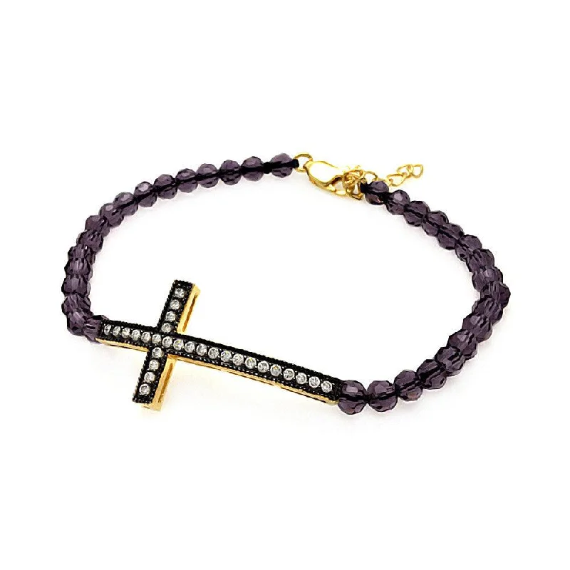 Silver 925 Gold and Black Plated Sideways Cross CZ Amethyst Beads Bracelet - BGB00090