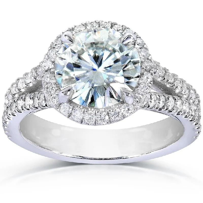 Annello by Kobelli 14k White Gold 2 2/5ct TGW Round-cut Moissanite and Diamond Halo Split Shank Engagement Ring