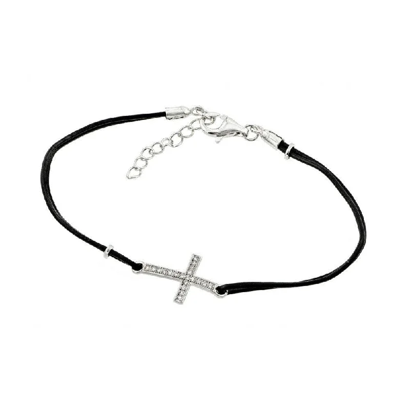 Silver 925 Rhodium Plated Sideways Cross CZ Black Leather Cord Bracelet - BGB00156RHD