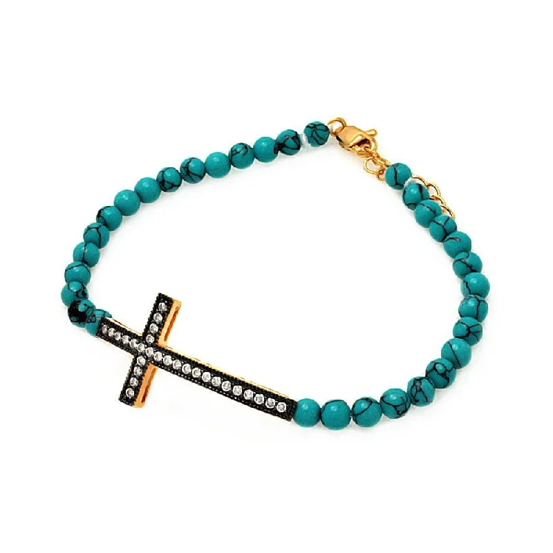 Silver 925 Gold and Black Rhodium Plated Sideways Cross CZ Turquoise Bead Bracelet - BGB00120