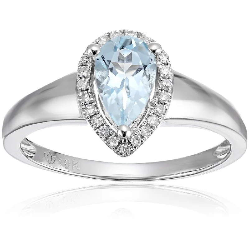 10k White Gold Aquamarine Diamond Pear Halo Engagement Ring, Size 7 - Blue