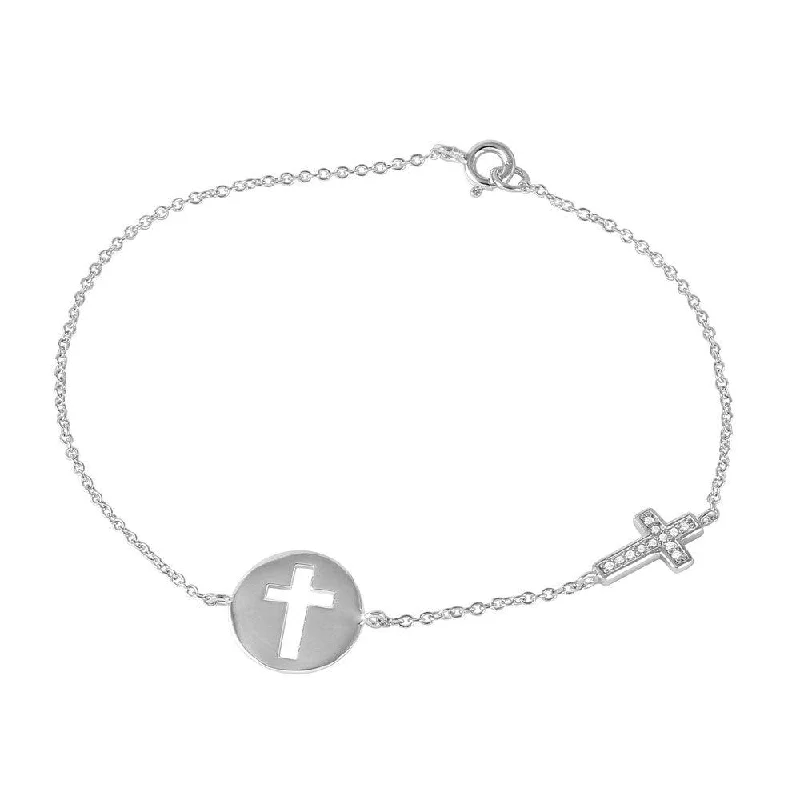 Silver 925 Rhodium Plated Cross and Disc Charm Bracelet - STB00498