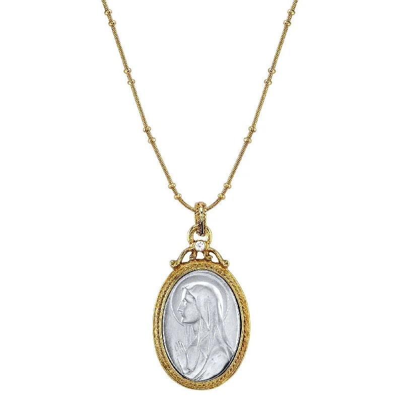 Symbols Of Faith Two Tone Virgin Mary Medallion With Crystal Accent Pendant Necklace 20"